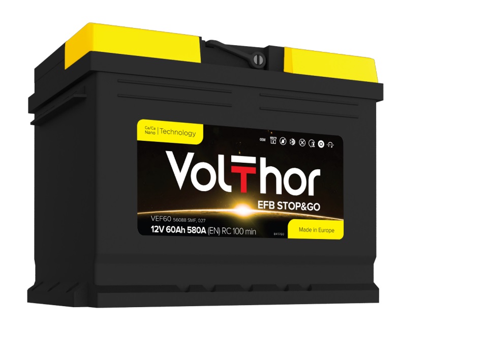 Акумулятор легковий VOLTHOR 6СТ-60(0) (640А) EFB STOP&GO 12B, 60Ah, 640A, плюс зправа (R+) EFB 242X175X190 мм